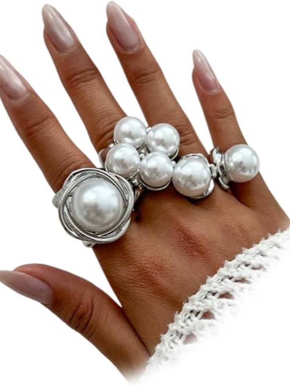 Chunky Gold Statement Big Pearl Knuckle Rings Stackable for Women Vintage Silver